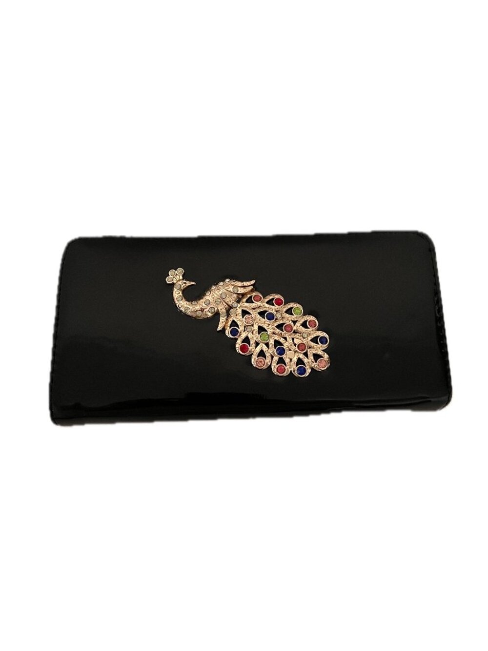 Elegant Black Patent Peacock Crystal Clutch Wallet – Luxe Statement Piece